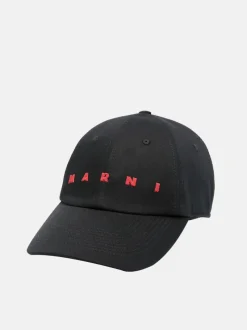 Hats | Hats>MARNI Black Organic Gabardine Cap with Embroidered Logo