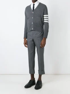 Knitwear>THOM BROWNE Classic Short V Neck Cardigan W/ White 4 Bar Stripe In Cashmere