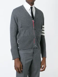 Knitwear>THOM BROWNE Classic Short V Neck Cardigan W/ White 4 Bar Stripe In Cashmere