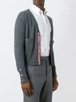 Knitwear>THOM BROWNE Classic V Neck Cardigan With White 4 Bar Stripe In Cashmere