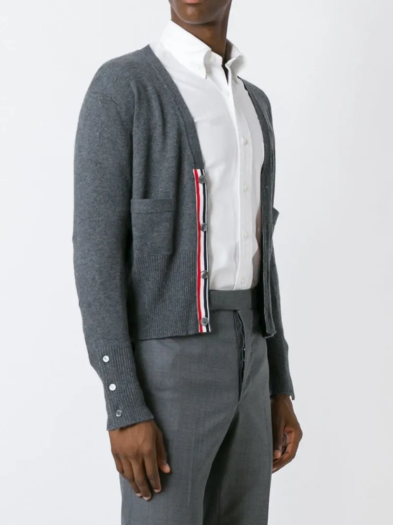 Knitwear>THOM BROWNE Classic V Neck Cardigan With White 4 Bar Stripe In Cashmere