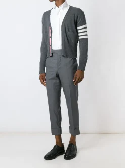 Knitwear>THOM BROWNE Classic V Neck Cardigan With White 4 Bar Stripe In Cashmere