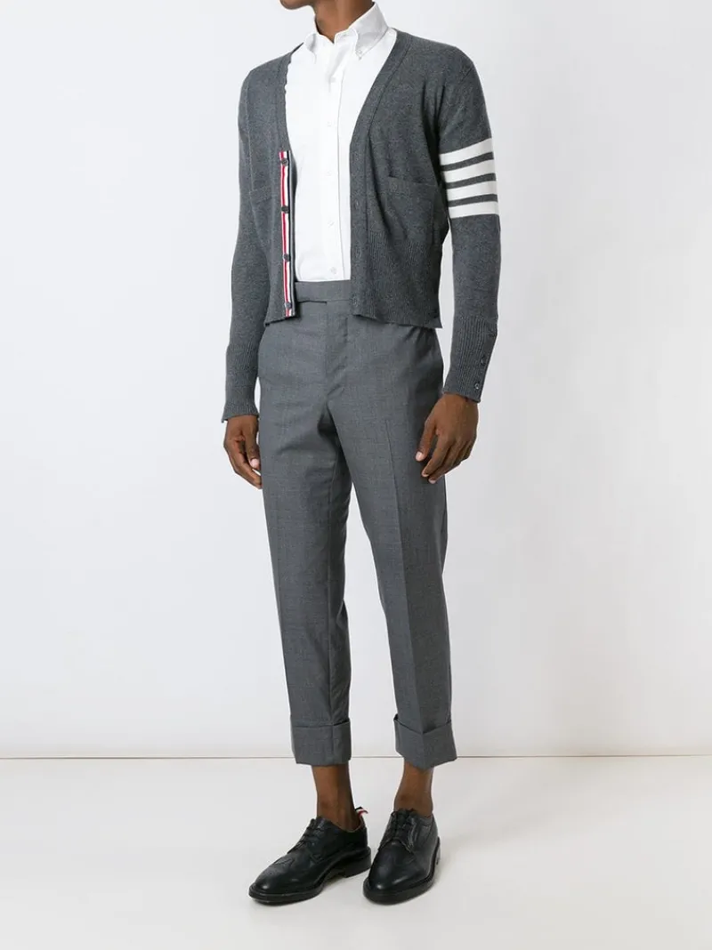 Knitwear>THOM BROWNE Classic V Neck Cardigan With White 4 Bar Stripe In Cashmere