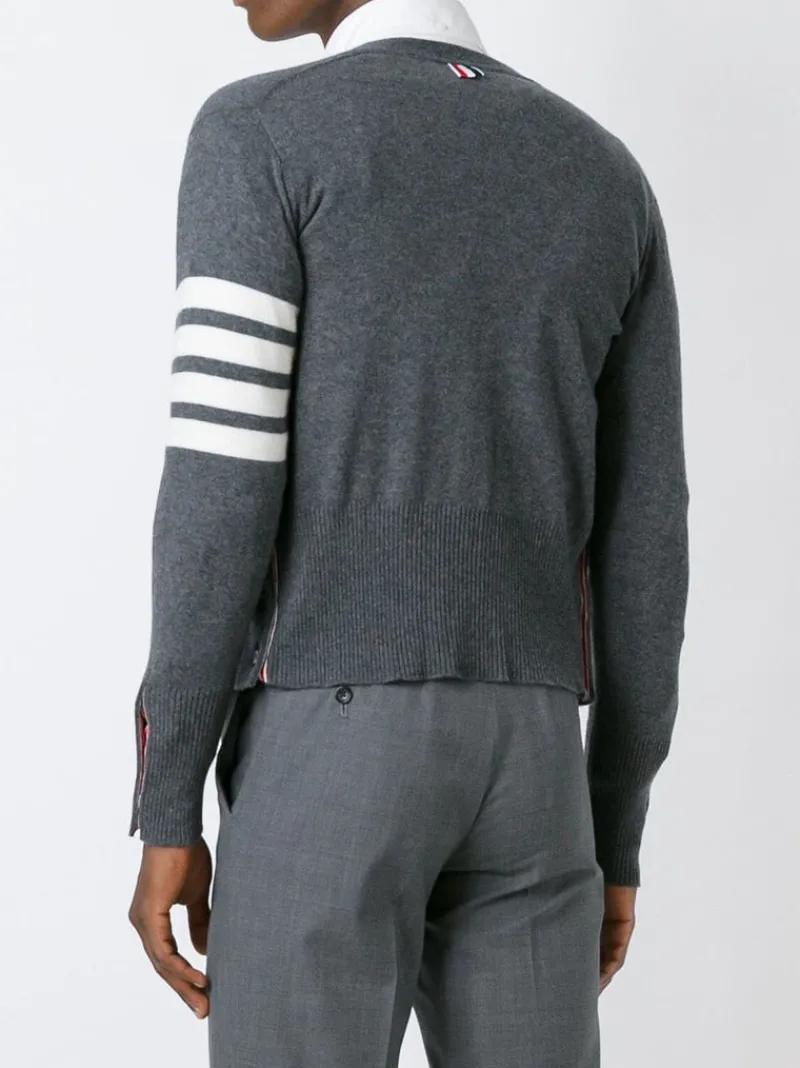 Knitwear>THOM BROWNE Classic V Neck Cardigan With White 4 Bar Stripe In Cashmere