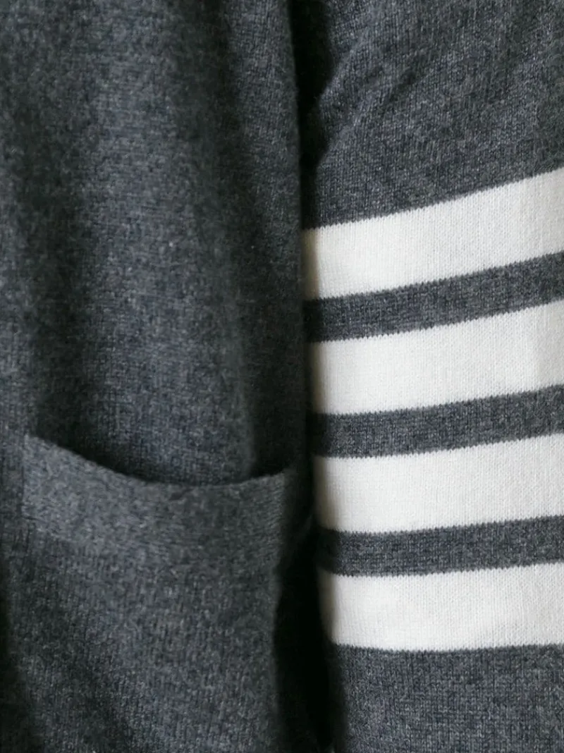 Knitwear>THOM BROWNE Classic V Neck Cardigan With White 4 Bar Stripe In Cashmere