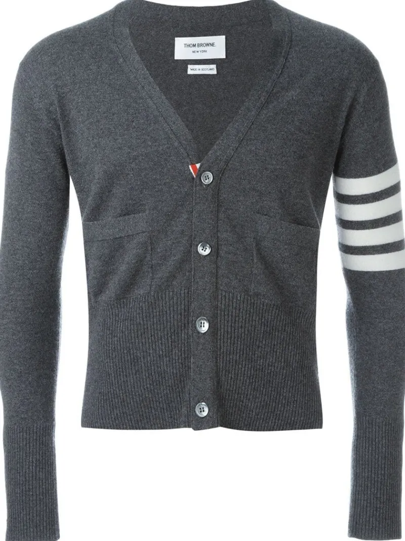Knitwear>THOM BROWNE Classic V Neck Cardigan With White 4 Bar Stripe In Cashmere