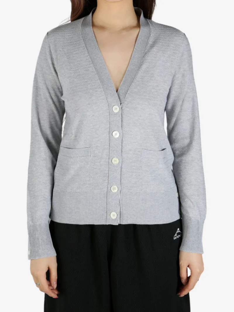 Knitwear>THOM BROWNE Floated Cable Stitch W/Knit In 4 Bar Stripe V Neck Cardigan