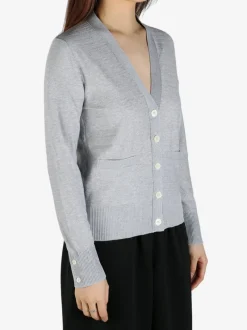Knitwear>THOM BROWNE Floated Cable Stitch W/Knit In 4 Bar Stripe V Neck Cardigan