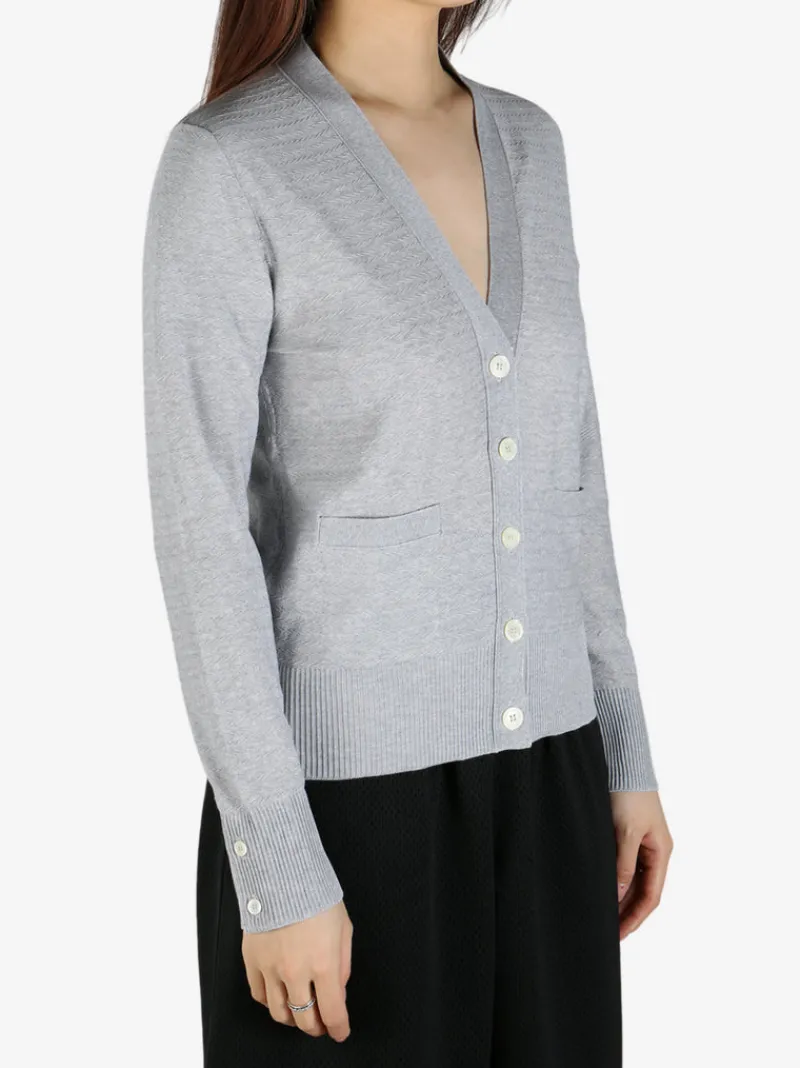 Knitwear>THOM BROWNE Floated Cable Stitch W/Knit In 4 Bar Stripe V Neck Cardigan