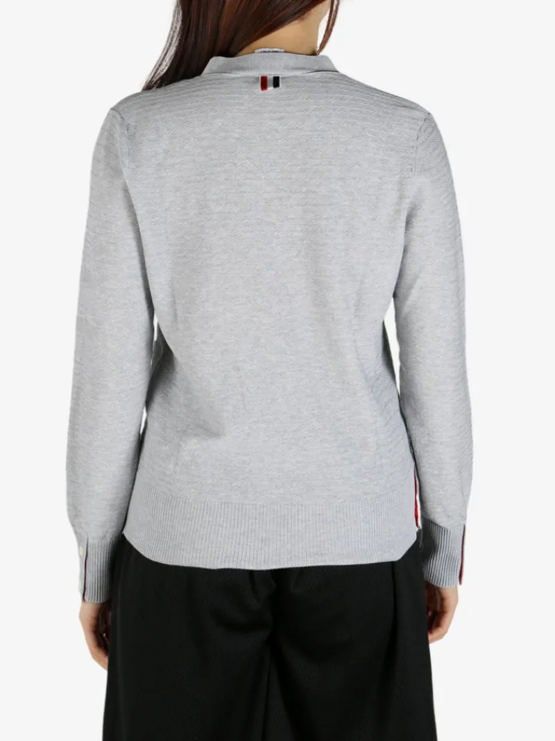 Knitwear>THOM BROWNE Floated Cable Stitch W/Knit In 4 Bar Stripe V Neck Cardigan