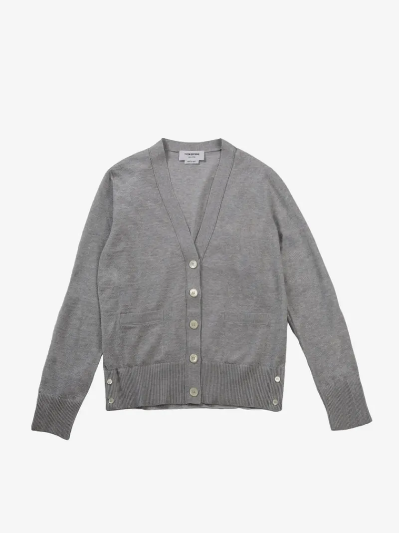 Knitwear>THOM BROWNE Floated Cable Stitch W/Knit In 4 Bar Stripe V Neck Cardigan