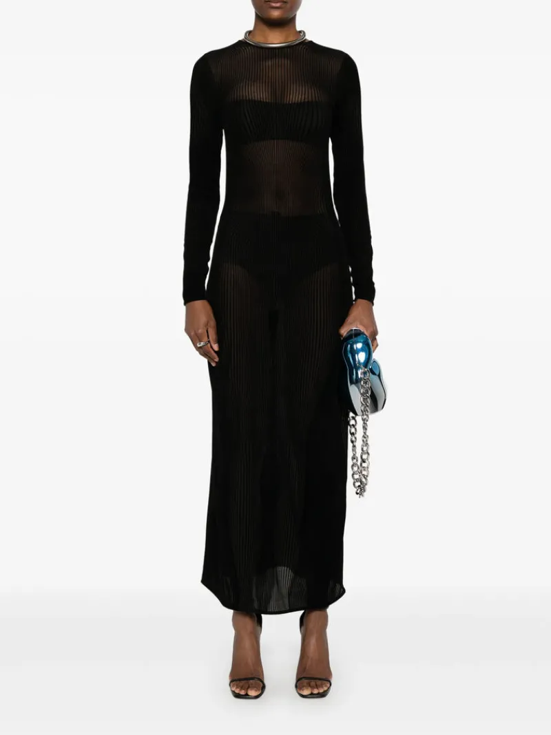 Dresses>JEAN PAUL GAULTIER Flocked "Morphing Pinstripes" Mesh Long Dress