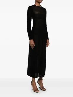 Dresses>JEAN PAUL GAULTIER Flocked "Morphing Pinstripes" Mesh Long Dress