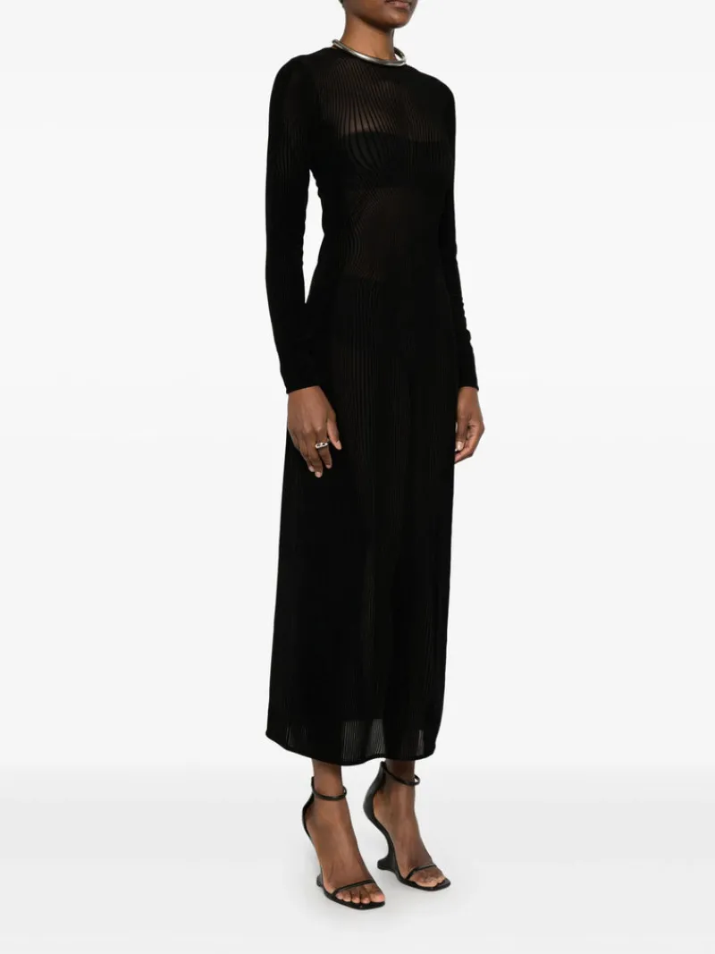 Dresses>JEAN PAUL GAULTIER Flocked "Morphing Pinstripes" Mesh Long Dress