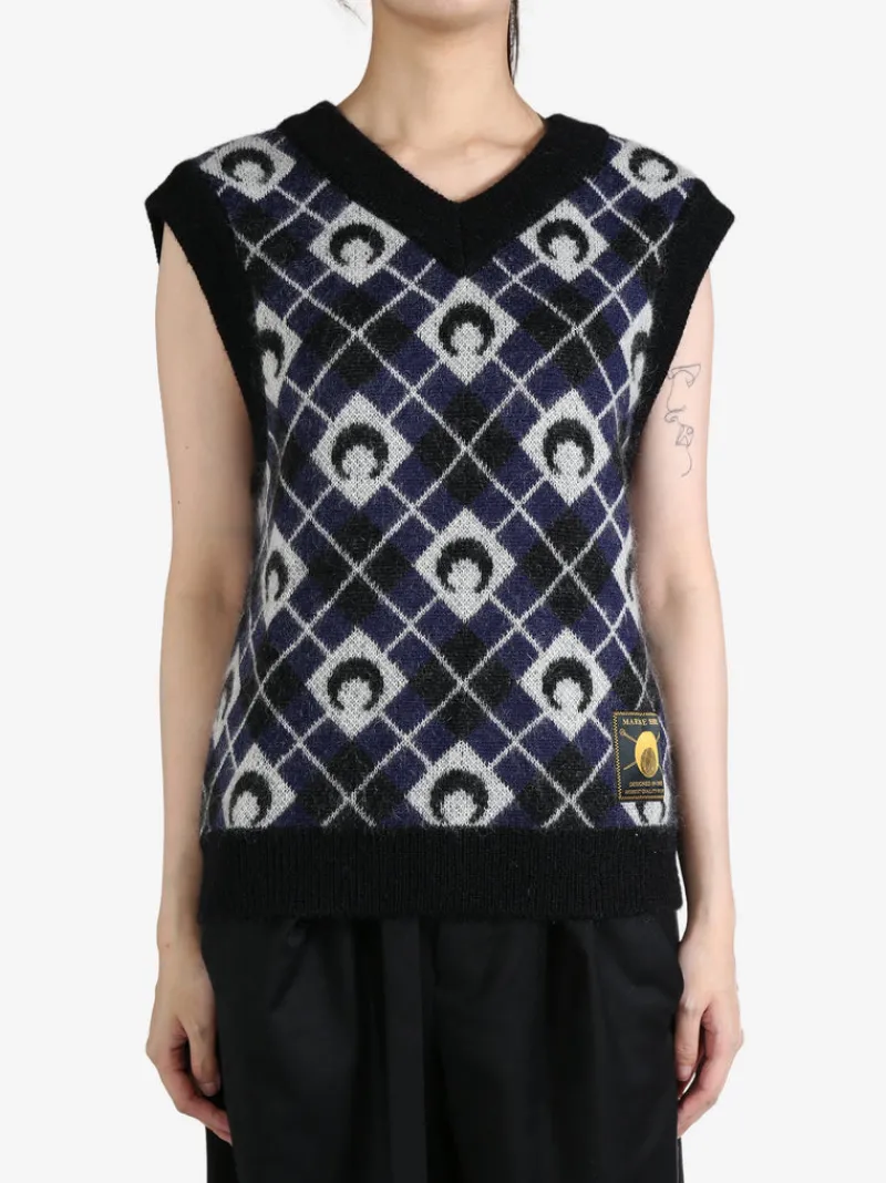 Knitwear>MARINE SERRE Moon Argyle Knit Vest