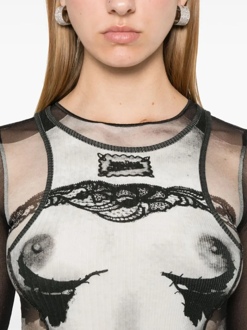 Tops>JEAN PAUL GAULTIER Petit Grand Rib Printed Printed "Body Lace Mariniere" Mesh Top