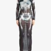 Dresses>JEAN PAUL GAULTIER Printed "Squeletor" Mesh Long Dress