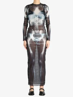 Dresses>JEAN PAUL GAULTIER Printed "Squeletor" Mesh Long Dress