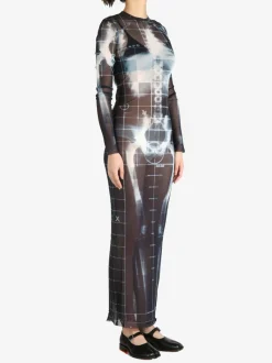 Dresses>JEAN PAUL GAULTIER Printed "Squeletor" Mesh Long Dress