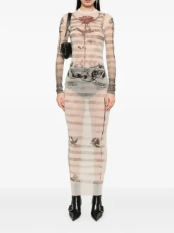 Dresses>JEAN PAUL GAULTIER Printed "Tattoo Marinière" Mesh Long Dress