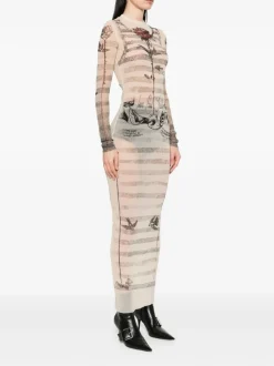 Dresses>JEAN PAUL GAULTIER Printed "Tattoo Marinière" Mesh Long Dress