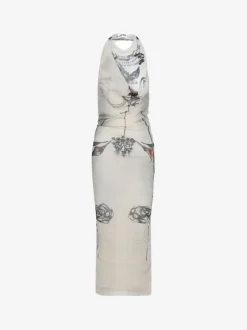 Dresses>JEAN PAUL GAULTIER Printed "Tattoo Rose & Bird" Double Layer Mesh Long Dress