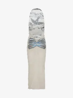 Dresses>JEAN PAUL GAULTIER Printed "Tattoo Rose & Bird" Double Layer Mesh Long Dress