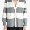 Knitwear>THOM BROWNE Rugby Stripe Milano Stitch W/4 Bar Stripe V Neck Cardigan