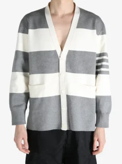 Knitwear>THOM BROWNE Rugby Stripe Milano Stitch W/4 Bar Stripe V Neck Cardigan