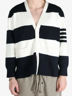 Knitwear>THOM BROWNE Rugby Stripe Milano Stitch W/4 Bar Stripe V Neck Cardigan