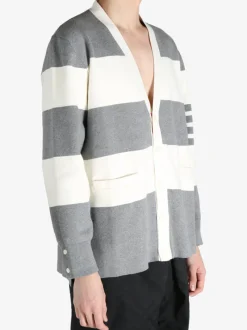 Knitwear>THOM BROWNE Rugby Stripe Milano Stitch W/4 Bar Stripe V Neck Cardigan