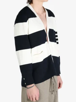 Knitwear>THOM BROWNE Rugby Stripe Milano Stitch W/4 Bar Stripe V Neck Cardigan