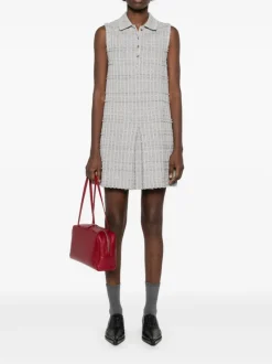 Dresses>THOM BROWNE Seersucker Knit Tweed Jacquard Sleeveless Polo Mini Dress