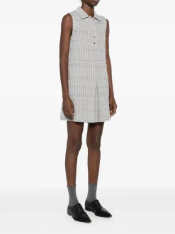 Dresses>THOM BROWNE Seersucker Knit Tweed Jacquard Sleeveless Polo Mini Dress