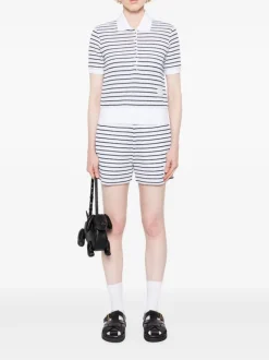 Shirts>THOM BROWNE Short Sleeve Rib Cuff Polo In Striped Textured