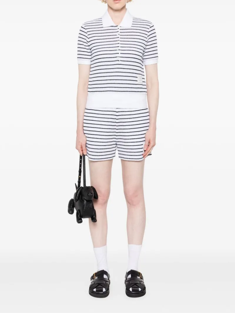 Shirts>THOM BROWNE Short Sleeve Rib Cuff Polo In Striped Textured