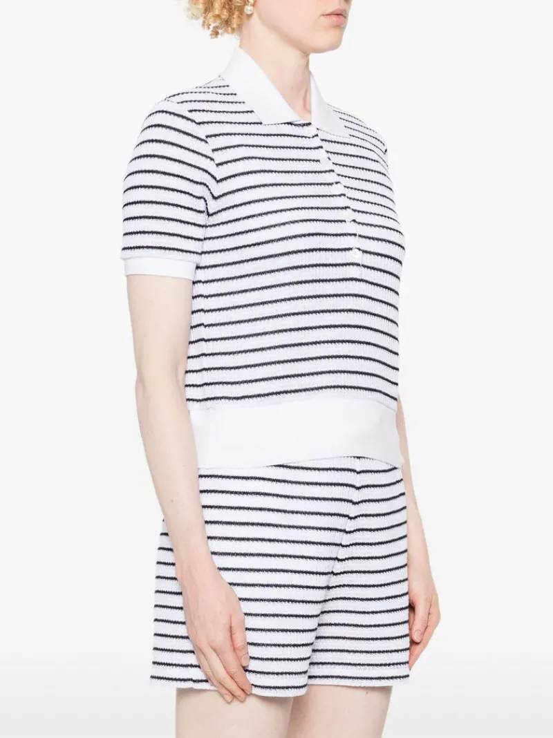 Shirts>THOM BROWNE Short Sleeve Rib Cuff Polo In Striped Textured