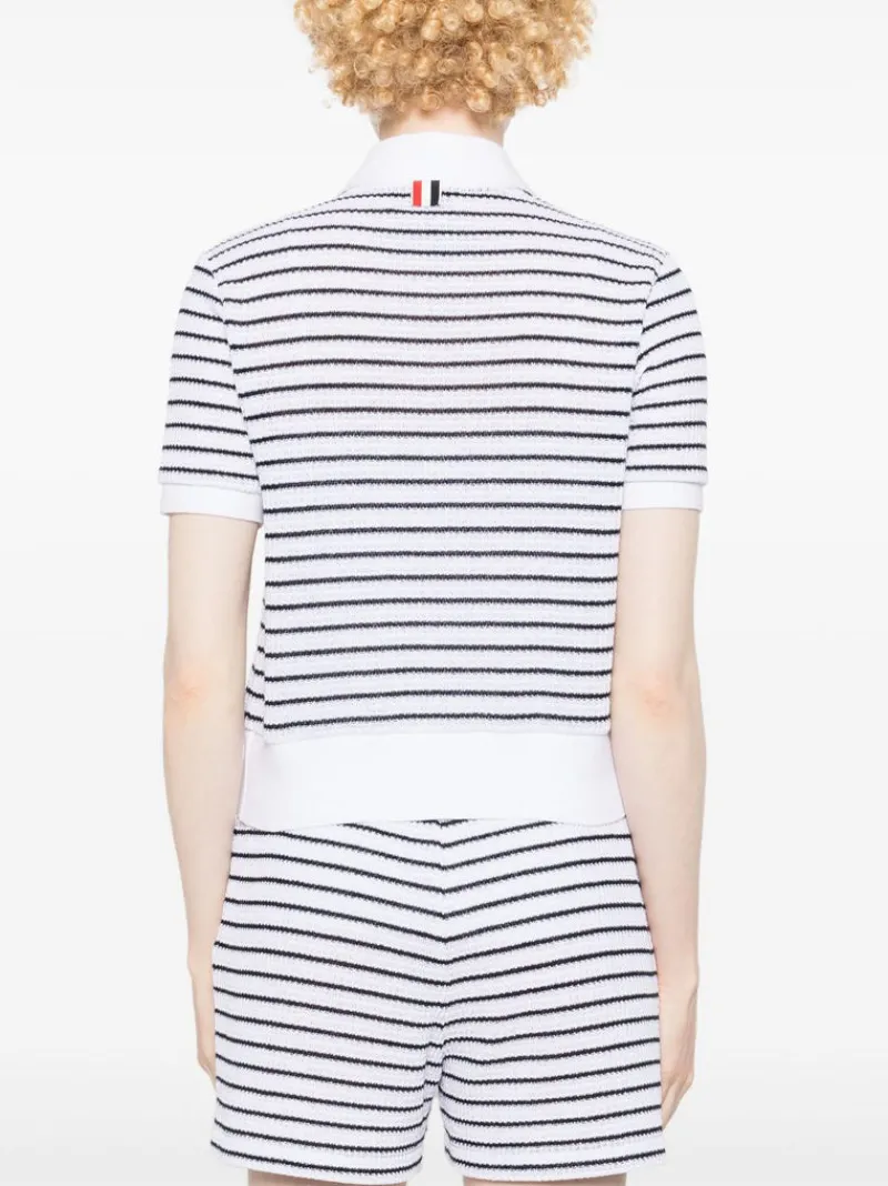 Shirts>THOM BROWNE Short Sleeve Rib Cuff Polo In Striped Textured