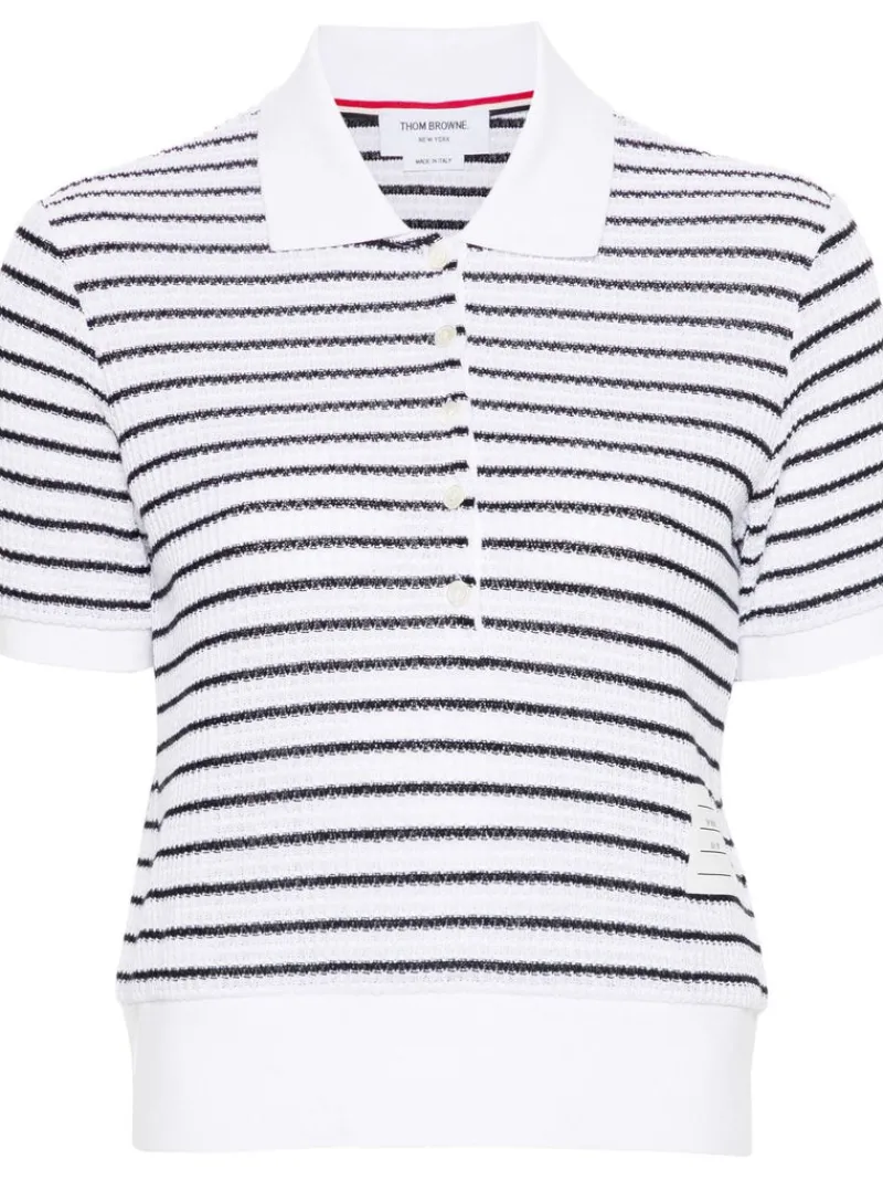 Shirts>THOM BROWNE Short Sleeve Rib Cuff Polo In Striped Textured
