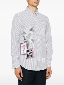 Shirts>THOM BROWNE Straight Fit L/S BD W/Satin Fill Stitch Flowers With Applique Shirt