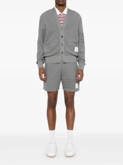 Knitwear>THOM BROWNE Textured Cotton V Neck Cardigan