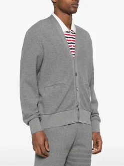 Knitwear>THOM BROWNE Textured Cotton V Neck Cardigan
