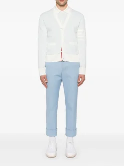 Knitwear>THOM BROWNE Textured Striped Stitch Relaxed Fit V Neck Cardigan