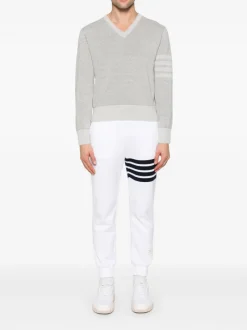 Knitwear>THOM BROWNE Textured Striped Stitch Relaxed Fit V Neck Pullover