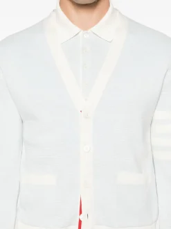 Knitwear>THOM BROWNE Textured Striped Stitch Relaxed Fit V Neck Cardigan