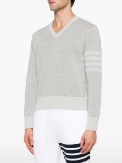 Knitwear>THOM BROWNE Textured Striped Stitch Relaxed Fit V Neck Pullover